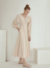 Elegant V-Neck Cotton Poplin Midi Dress with Long Sleeves and Back Tie Detail for Women