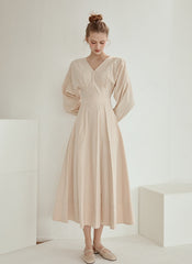 Elegant V-Neck Cotton Poplin Midi Dress with Long Sleeves and Back Tie Detail for Women