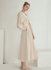 Elegant V-Neck Cotton Poplin Midi Dress with Long Sleeves and Back Tie Detail for Women