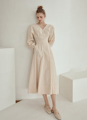 Elegant V-Neck Cotton Poplin Midi Dress with Long Sleeves and Back Tie Detail for Women