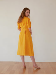 Women's Belted Linen Midi Shirt Dress with Puff Sleeves and Button Front – Tailored Summer Silhouette