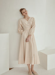 Elegant V-Neck Cotton Poplin Midi Dress with Long Sleeves and Back Tie Detail for Women