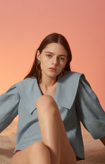 Linen Blouse With Oversized Collar, Statement Buttons, And 3/4 Sleeves For Modern Charm