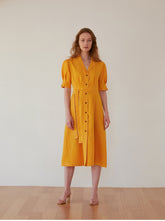 Women's Belted Linen Midi Shirt Dress with Puff Sleeves and Button Front – Tailored Summer Silhouette