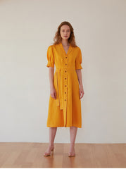 Women's Belted Linen Midi Shirt Dress with Puff Sleeves and Button Front – Tailored Summer Silhouette