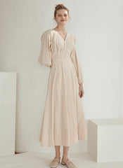 Elegant V-Neck Cotton Poplin Midi Dress with Long Sleeves and Back Tie Detail for Women