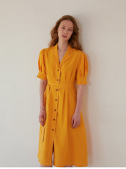 Women's Belted Linen Midi Shirt Dress with Puff Sleeves and Button Front – Tailored Summer Silhouette