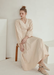 Elegant V-Neck Cotton Poplin Midi Dress with Long Sleeves and Back Tie Detail for Women