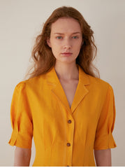 Women's Belted Linen Midi Shirt Dress with Puff Sleeves and Button Front – Tailored Summer Silhouette