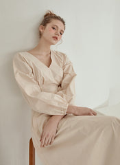 Elegant V-Neck Cotton Poplin Midi Dress with Long Sleeves and Back Tie Detail for Women