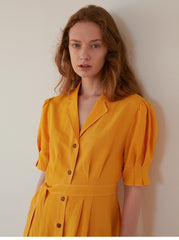 Women's Belted Linen Midi Shirt Dress with Puff Sleeves and Button Front – Tailored Summer Silhouette