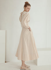 Elegant V-Neck Cotton Poplin Midi Dress with Long Sleeves and Back Tie Detail for Women