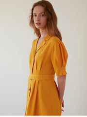 Women's Belted Linen Midi Shirt Dress with Puff Sleeves and Button Front – Tailored Summer Silhouette