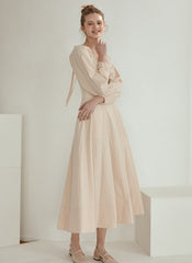 Elegant V-Neck Cotton Poplin Midi Dress with Long Sleeves and Back Tie Detail for Women