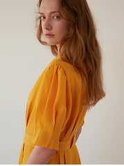 Women's Belted Linen Midi Shirt Dress with Puff Sleeves and Button Front – Tailored Summer Silhouette