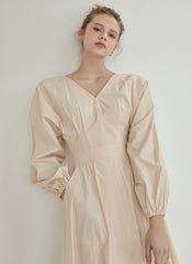 Elegant V-Neck Cotton Poplin Midi Dress with Long Sleeves and Back Tie Detail for Women