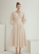 Elegant V-Neck Cotton Poplin Midi Dress with Long Sleeves and Back Tie Detail for Women