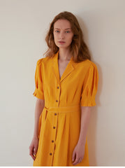 Women's Belted Linen Midi Shirt Dress with Puff Sleeves and Button Front – Tailored Summer Silhouette