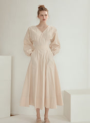 Elegant V-Neck Cotton Poplin Midi Dress with Long Sleeves and Back Tie Detail for Women