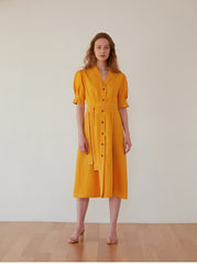 Women's Belted Linen Midi Shirt Dress with Puff Sleeves and Button Front – Tailored Summer Silhouette