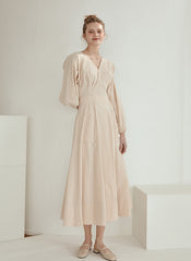 Elegant V-Neck Cotton Poplin Midi Dress with Long Sleeves and Back Tie Detail for Women