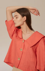 Linen Blouse With Oversized Collar, Puff Sleeves, And Statement Buttons For Standout Style