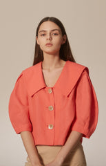 Linen Blouse With Oversized Collar, Puff Sleeves, And Statement Buttons For Standout Style
