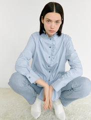 Women's Linen Blouse with Ruffle Collar and Button Front – High-Neck Long Sleeve Shirt