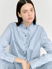 Women's Linen Blouse with Ruffle Collar and Button Front – High-Neck Long Sleeve Shirt