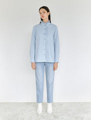 Women's Linen Blouse with Ruffle Collar and Button Front – High-Neck Long Sleeve Shirt