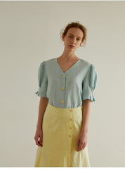 Women's Linen Blouse with Puff Sleeves and V-Neck Button Front – Lightweight Tailored Top