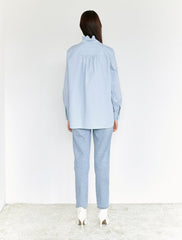 Women's Linen Blouse with Ruffle Collar and Button Front – High-Neck Long Sleeve Shirt