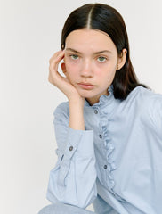 Women's Linen Blouse with Ruffle Collar and Button Front – High-Neck Long Sleeve Shirt