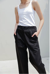High-Rise Relaxed Fit Linen Pants with Elastic Waistband and Patch Pockets for Women