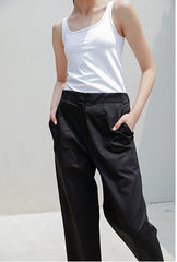 High-Rise Relaxed Fit Linen Pants with Elastic Waistband and Patch Pockets for Women