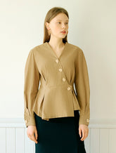 Women's Linen Wrap Blouse with Asymmetric Button Front – Tailored Long Sleeve Peplum Top