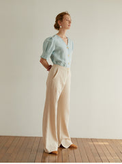 Women's Linen Blouse with Puff Sleeves and V-Neck Button Front – Lightweight Tailored Top