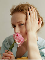 Women's Linen Blouse with Puff Sleeves and V-Neck Button Front – Lightweight Tailored Top