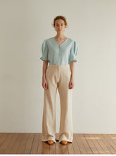 Women's Linen Blouse with Puff Sleeves and V-Neck Button Front – Lightweight Tailored Top