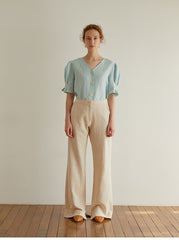 Women's Linen Blouse with Puff Sleeves and V-Neck Button Front – Lightweight Tailored Top
