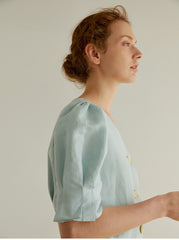 Women's Linen Blouse with Puff Sleeves and V-Neck Button Front – Lightweight Tailored Top