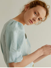 Women's Linen Blouse with Puff Sleeves and V-Neck Button Front – Lightweight Tailored Top