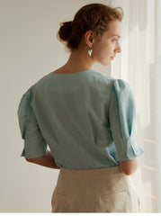 Women's Linen Blouse with Puff Sleeves and V-Neck Button Front – Lightweight Tailored Top