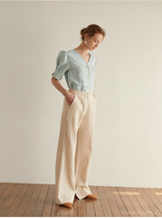 Women's Linen Blouse with Puff Sleeves and V-Neck Button Front – Lightweight Tailored Top