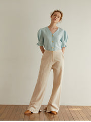 Women's Linen Blouse with Puff Sleeves and V-Neck Button Front – Lightweight Tailored Top