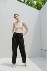 High-Rise Relaxed Fit Linen Pants with Elastic Waistband and Patch Pockets for Women