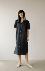 Button-Down Short Sleeve Midi Linen Dress with Side Slits and Relaxed Fit for Women