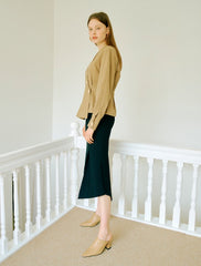 Women's Linen Midi Dress with Asymmetric Hem – Tailored Fit with V-Neck and Long Sleeves