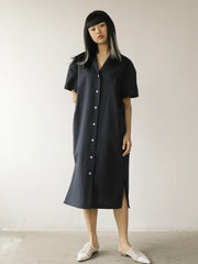 Button-Down Short Sleeve Midi Linen Dress with Side Slits and Relaxed Fit for Women