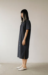 Button-Down Short Sleeve Midi Linen Dress with Side Slits and Relaxed Fit for Women